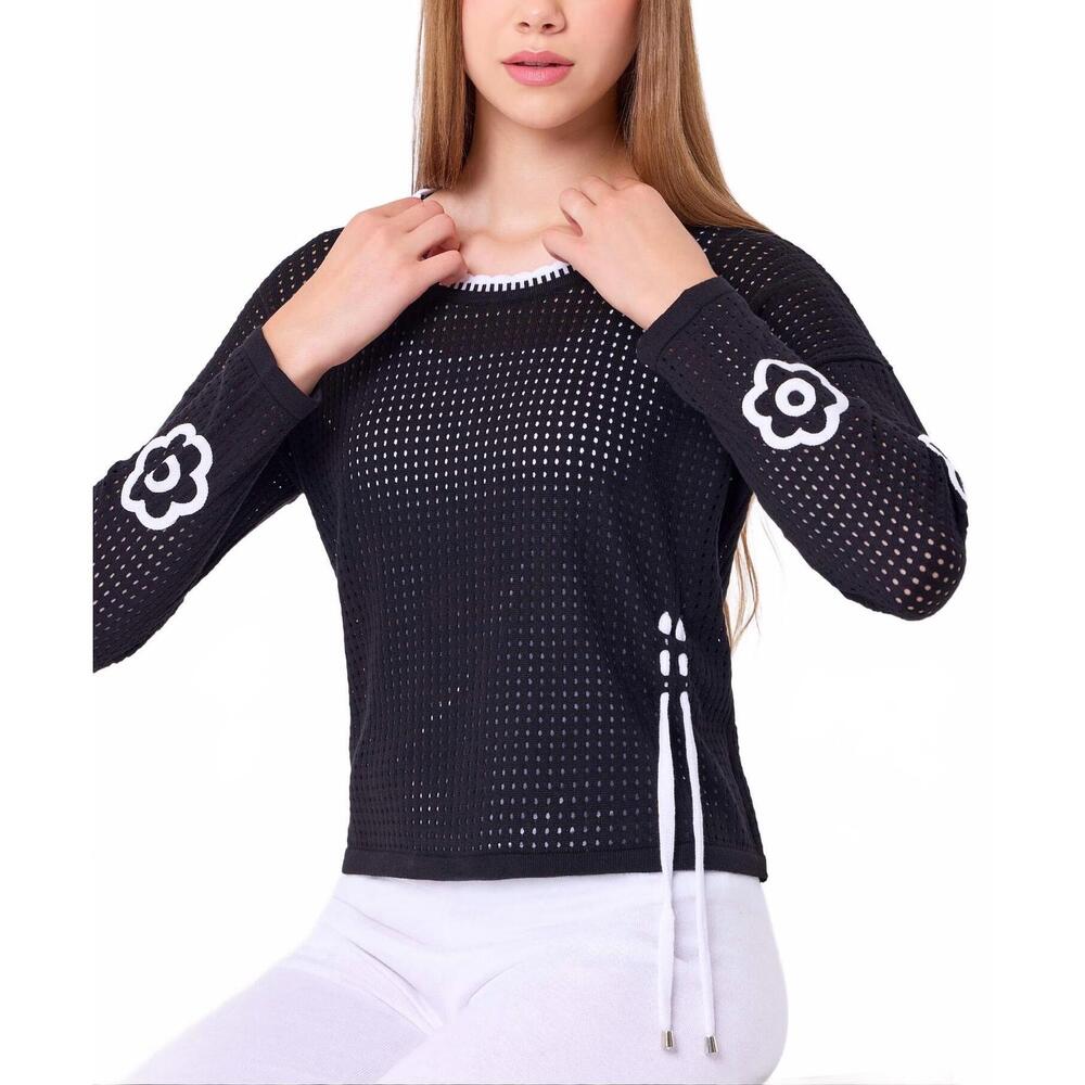 NEW FRENCH KYSS handmade flower tie top in black/white